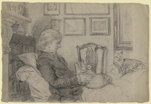 Luise Scholderer am Kamin mit vielen Katzen
