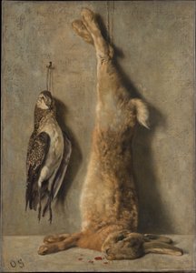 Stillleben mit totem Hasen und Perlhuhn vor einer grauen Wand