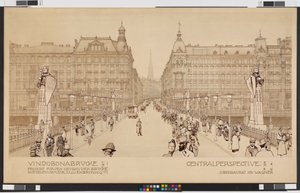 Vindobonabrücke / Projekt für den Neubau der Brücke Rothenthurmstraße - Lilienbrunngasse. Zentralperspektive von Otto Wagner
