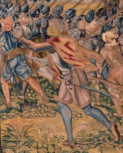 Flämischer Wandteppich. Serie Triumphe und Schlachten des Erzherzogs Albrecht. Nachtangriff auf Ardres oder Eroberung der Unterstadt von Ardres. Dritter Wandteppich der Serie. Modell Otto van Veen und Hans I Snell von Otto van Veen