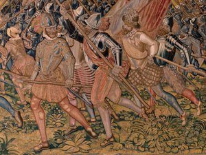 Flemischer Wandteppich. Serie Triumphe und Schlachten des Erzherzogs Albrecht. Nachtangriff auf Ardres oder Eroberung der Unterstadt von Ardres. Dritter Wandteppich in der Serie. Modell Otto van Veen und Hans I Snellinck. von Otto van Veen