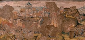 Flemischer Wandteppich. Serie Triumphe und Schlachten des Erzherzogs Albrecht. Nachtangriff auf Ardres oder Eroberung der Unterstadt von Ardres. Dritter Wandteppich in der Serie. Modell Otto van Veen und Hans I Snellinck. von Otto van Veen