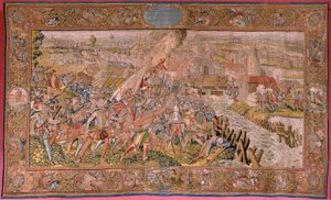 Flämischer Wandteppich. Serie Triumphe und Schlachten von Erzherzog Albrecht. Überraschung bei Calais (La sorpresa de Calais). Erster Wandteppich in der Serie. Modell Otto van Veen und Hans I Snellinck. Herstellung Martin Reynbouts, Brüssel. 1597-1599. Sto