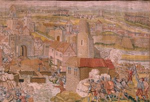 Flämischer Wandteppich. Serie Triumphe und Schlachten von Erzherzog Albrecht. Überraschung bei Calais. Erster Wandteppich der Serie. Modell Otto van Veen und Hans I Snellinck. Herstellung Martin Reynbouts, Brüssel. 1597-1599. Stoff Gold, Silber, Seide.