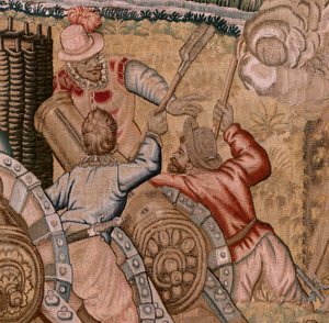 Flämischer Wandteppich. Serie Triumphe und Schlachten des Erzherzogs Albrecht. Die Eroberung der Stadt Hulst. Siebter Wandteppich der Serie. Modell Otto van Veen und Hans I Snellinck. Herstellung Martin Reynbouts, Brüssel von Otto van Veen