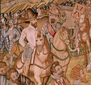 Flämischer Wandteppich. Serie Triumphe und Schlachten von Erzherzog Albrecht. Der Rückzug der Garnison von Ardres nach Frankreich. Vierter Wandteppich der Serie. Modell Otto van Veen und Hans I Snellinck. Herstellung Martin Reynbouts, Brüssel von Otto van Veen