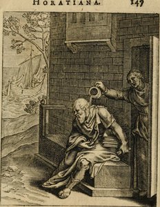 Xanthippe leert einen Nachttopf über Sokrates. Aus Emblemata Horatiana, 1607
