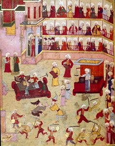 Festlichkeiten anlässlich der Beschneidung des Sohnes des osmanischen Sultans Murad II (Murat) (1404-1451), Jongleure, Akrobaten und Goldschmiede kamen, um Proben zu präsentieren. Miniatur des 16. Jahrhunderts. Istanbul, Topkapi Sarayi Museum Bibliothek von Ottoman School