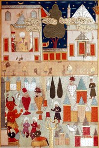 Festlichkeiten zur Beschneidung des Sohnes von Sultan Murad II., Vorbereitung von Feuerwerken von Ottoman School
