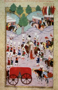 Darstellung von Sultan Soliman I der Prächtige (1520-1566) und seiner Armee. Miniatur aus dem 