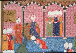 Porträt von Suleiman I. dem Prächtigen (1494-1566), Sultan des Osmanischen Reiches, umgeben von seinem Hof bei der Thronbesteigungszeremonie. Detail. Miniatur aus 