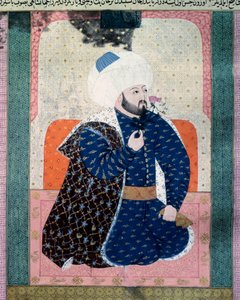 Porträt des Sultans des Osmanischen Reiches Mehet II. (1430-1481). Miniatur aus dem Manuskript „Zubdatat-al-Tawarikh“ (Creme der Geschichten) von Historiker Seyyid Loqman Ashuri 1538. Türkisches und Islamisches Kunstmuseum