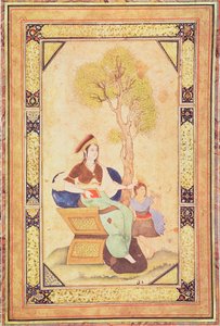Frau sitzt mit einem jungen Mädchen in einem Garten, aus Album de pièces calligraphiées et de miniatures