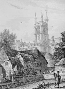 College Tower, Bibliothek und Mühle Winchester, ca. 1830