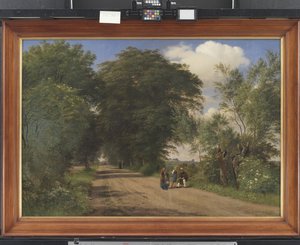Eine Landstraße in der Nähe des Vognserup Herrenhauses, Seeland. Der Maler J.Th. Lundbye skizziert am Straßenrand