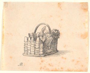 Ein geflochtener Korb mit Pflanzen und einem Buch