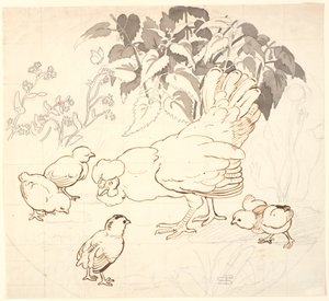 Henne mit ihren Küken in einer kreisförmigen Komposition von P.C. Skovgaard