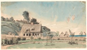 Küstenlandschaft mit strohgedeckten Häusern von P.C. Skovgaard
