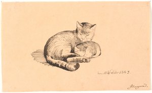 Liegende Katze mit ihrem Kätzchen