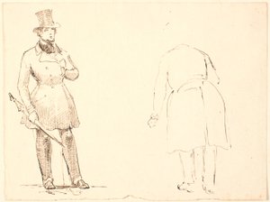 Stehender Herr mit Regenschirm und rechts sich verbeugender Herr von hinten gesehen von P.C. Skovgaard