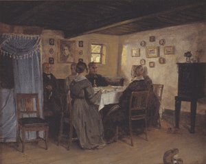 Die Freunde und Familie des Künstlers sitzen um einen Tisch. Vejby, Nordseeland von P.C. Skovgaard