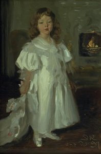 Ein kleines Mädchen, Helga Melchior, in einem langen Kleid von Peder Severin Krøyer