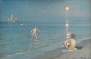 Jungen baden in Skagen. Sommerabend