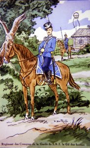 Postkarte, die einen Reiter des Regiments des Cosaques de la Garde de S.A.I darstellt von P. (after) Dmitroff