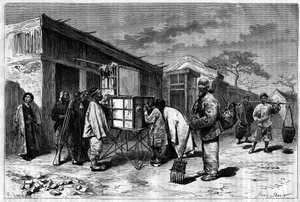 Aktivität in den Straßen von Peking (Beijing), mit einem Diorama aus dem 19. Jahrhundert. Gravur nach einer Zeichnung von Sellier, nach einem Foto von Thomson, in "Le Tour du Monde, Nouveau journal des Voyages", herausgegeben von Edouard Charton, Paris von P. (after) Sellier