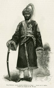 Jang Bahadur (1816-1877), Premierminister von Nepal. Gravur von P. Sellier zur Illustration der Geschichte Voyage au Nepal, von Dr. Gustave Le Bon (1841-1931), in Le tour du monde 1886, unter der Leitung von Edouard Charton (1807-1890), Hachette, Paris