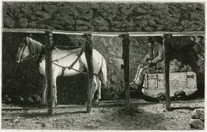 Innenansicht einer Galerie mit Berlaine. Gravur von Ferat zur Illustration der Geschichte „Belgien“ von Camille Lemonnier (1844-1913), belgischer Schriftsteller. Veröffentlicht in Le Tour du monde, nouveau journal des voyages, 2. Halbjahr 1884, herausgegeb von P. Ferat