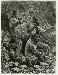 Bergleute beim Kohleabbau im Flöz. Gravur von Ferat zur Illustration der Geschichte „Belgien“ von Camille Lemonnier (1844-1913), belgischer Schriftsteller. Veröffentlicht in Le Tour du monde, nouveau journal des voyages, 2. Halbjahr 1884, herausgegeben von