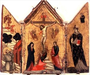 Kreuzigungstriptychon mit dem heiligen Franziskus, der die Stigmata empfängt, und dem heiligen Benedikt
