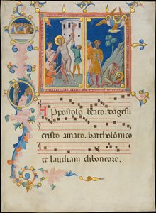 Manuskriptblatt mit dem Martyrium des Heiligen Bartholomäus, aus einem Laudario von Pacino di Bonaguida