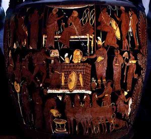 Apulische rotfigurige Volutenkrater, Detail des Opfers trojanischer Gefangener durch Achilles bei der Beerdigung von Patroklos, griechisch, aus Canosa, 4. Jahrhundert v. Chr. von Painter Darius