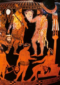 Rotfiguriger Volutenkrater mit einem Schauspieler, der seine Maske hält, aus Ruvo, ca. 410 v. Chr. von Painter Pronomos
