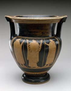 Rotfiguriger Säulenkrater mit Szene einer Frau und zwei Jugendlichen, 480-460 v. Chr. von Painter Syriskos