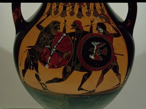 Attische schwarzfigurige Amphore, dekoriert mit einer Szene von Herakles im Löwenfell, der gegen Cycnus kämpft, ca. 540 v. Chr. (Keramik)