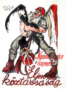 Ungarischer Revolutionär erwürgt den Doppeladler der Österreich-Ungarischen Monarchie und verkündet Kossuths Proklamation 