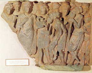 Der Sieg über die Schlange, Relief, das Buddha zeigt, wie er die gefürchtete Schlange den erstaunten Brahmanen präsentiert, griechisch-buddhistischer Stil, 1.-4. Jahrhundert von Pakistani School