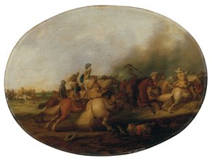 Ein Kavalleriegefecht mit einem gefallenen Soldaten von Palamedes Palamedesz