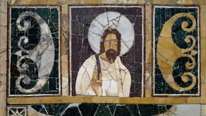 Marmorintarsie, die das Gesicht Christi darstellt, Artefakt aus Rom, Italien, frühchristliche Zeit