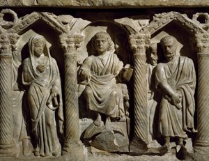 Frühchristlicher Sarkophag, auch bekannt als Sarkophag des Seligen Giles, Marmor, Oratorium von San Bernardino, Perugia, Umbrien, Detail, Italien, 4. Jahrhundert