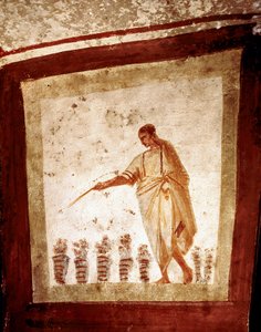 Frühchristliche Kunst: Brot- und Fischvermehrung. Fresko der Katakombe von Via Anapo in Rom. 3. und 4. Jahrhundert