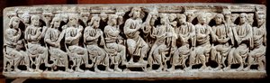 Paläochristliche Kunst: geschnitzter Sarkophag, der Christus lehrend darstellt. aus Ain