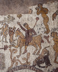 Darstellung von König Artus und Perceval. Mosaik von Pantaleone, Priester und Mosaikkünstler. 1163-1166. Mittelschiff der Kathedrale von Otranto, Italien von Pantaleon Pantaleon