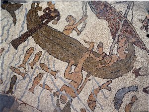 Der Prophet Jonas wird ins Meer geworfen (Detail). Mosaik von Pantaleone, Priester und Mosaikkünstler. 1163-1166. Mittelschiff der Kathedrale von Otranto (Otranto), Italien