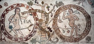Die Versuchung von Adam und Eva. Mosaik von Pantaleone, Priester und Mosaist. 1163-1166. Zentrales Kirchenschiff der Kathedrale von Otranto (Otranto), Italien von Pantaleon Pantaleon