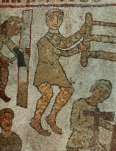 Zimmermann mit Säge, ein anderer mit Axt. Mosaik