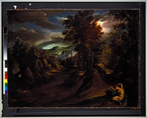 Eine bewaldete bergige Landschaft mit schlafender Antiope von Paolo (1540 96) Fiammingo